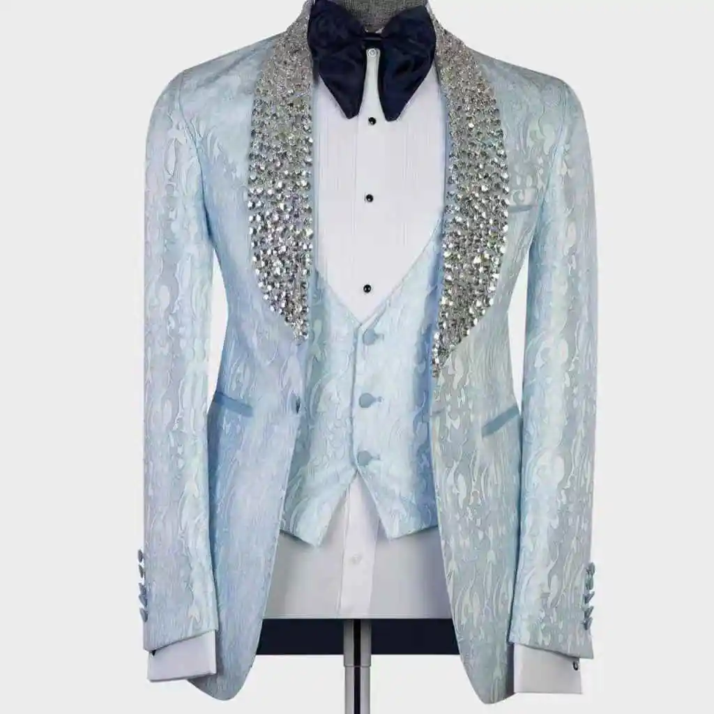 

Jacquard Blue Men Suits 3 Piece Vest+Blazer+Black Pants Crystals Luxury Wedding Tuxedo Coat Customized Formal Jacket Trousers