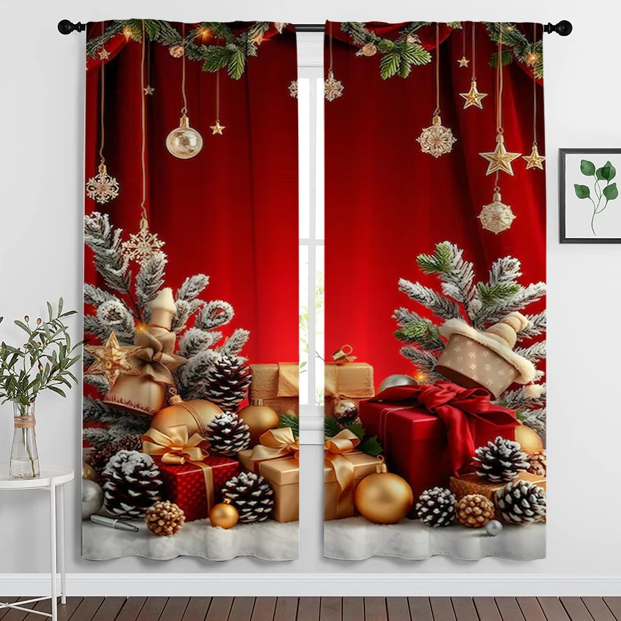 2PCS Christmas Winter Curtains, Red Gold Ornament Gift Pine, Digital Print, Bedroom Living Room, Home Decor Window Drapes