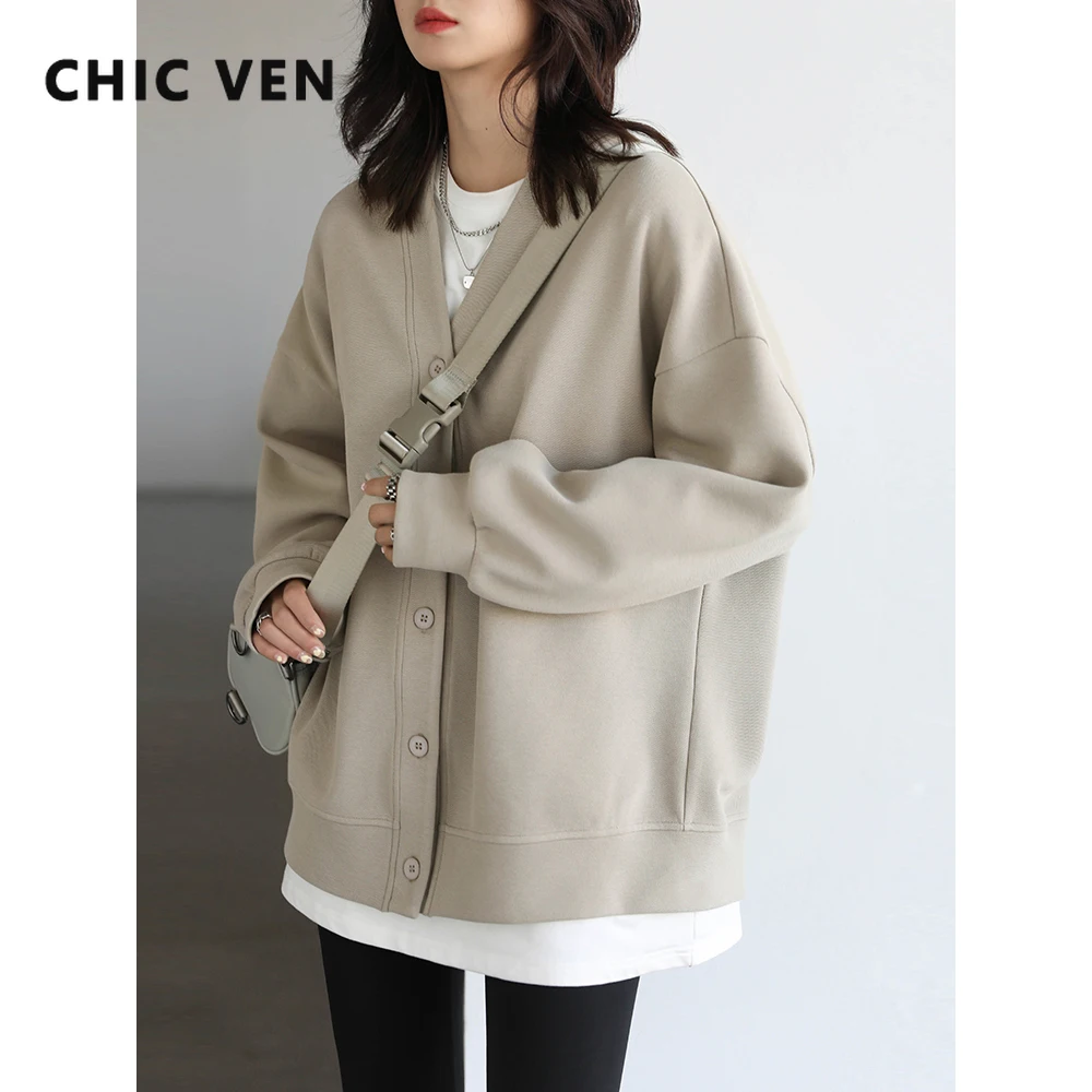 CHIC VEN Korean Women Sweatshirts Casual Loose V-neck Woman Cardigan Thick Warm Female Tops Office Lady Autumn Winter 2024