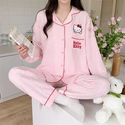 Hello Kitty Women's Pajamas Lapel Cotton Two-piece Set Women's Clothing Cartoon Sanrio Women's Pajamas Hello Kitty Homewear