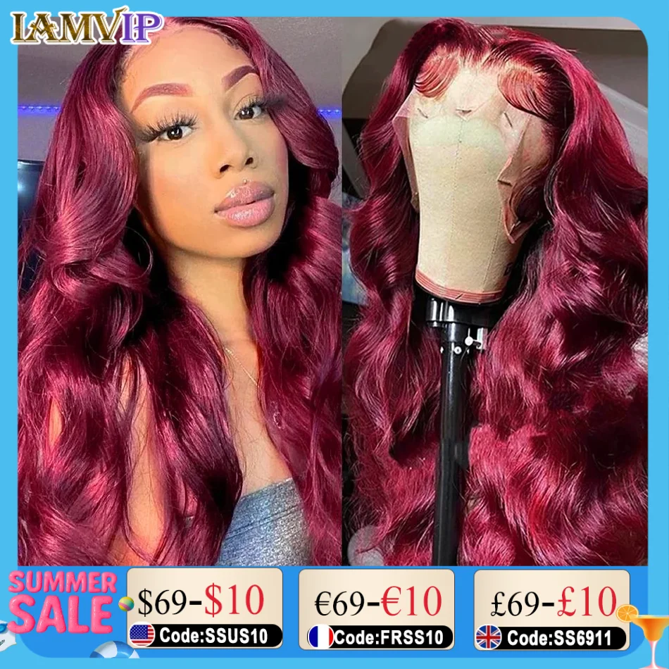 

220% 30 32 40Inch 99J Burgundy 13x4 HD Transparent Lace Frontal Wig Body Wave Red Colored Human Hair Wigs 13x6 Hd Lace Front Wig