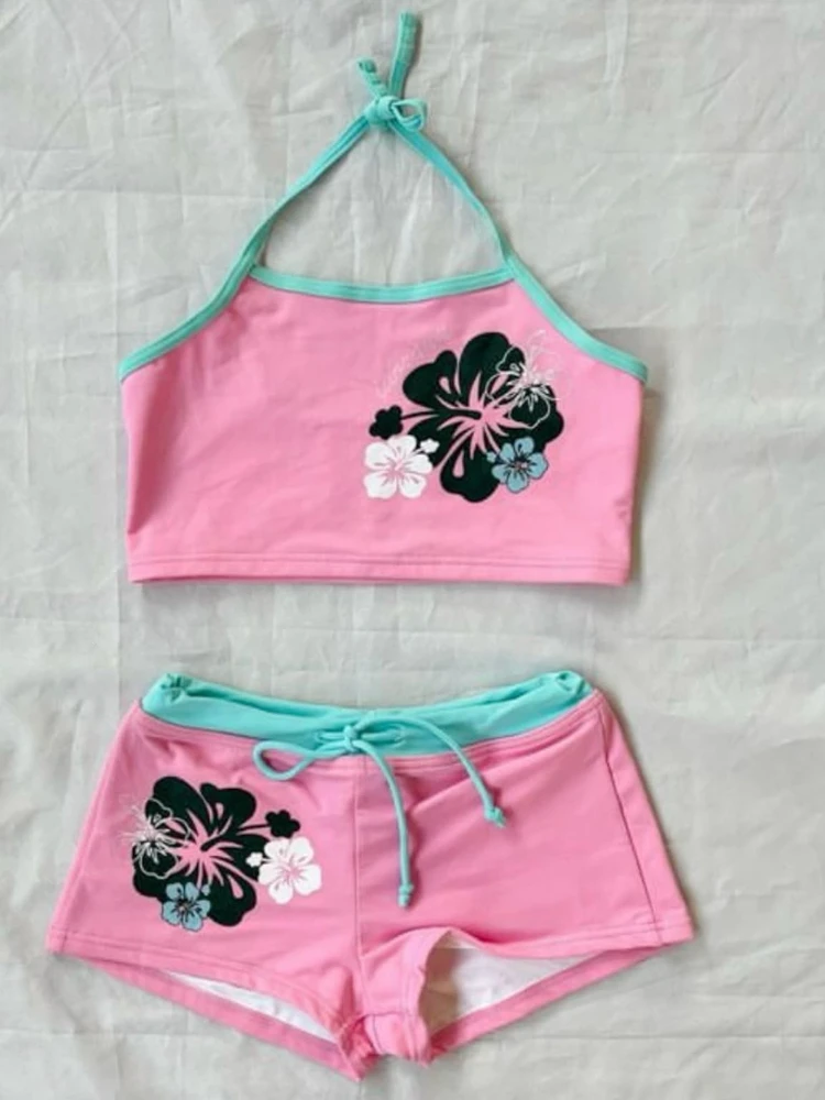 Hibiscus Floral Print Bikini Set Women Drawstring High Waist Shorts 2 Piece Swimsuit Y2K Hawaiian Summer Beach Bathing Suit