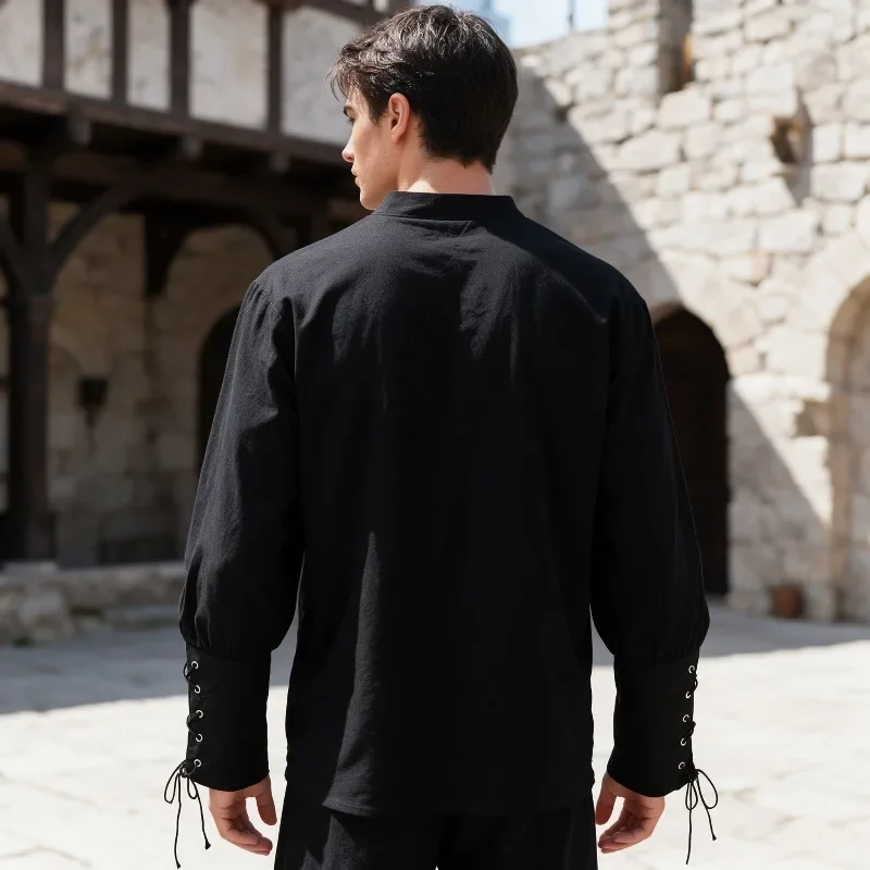 Men Medieval Pirate Shirt, Front Lace Up Long Sleeve Top with Lace Cuffs, Viking Renaissance LARP Halloween Cosplay Blouse