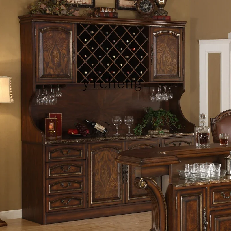 b11- European solid wood four-door wine cabinet American marble bar counter wine cabinet living room old dining side cabinet