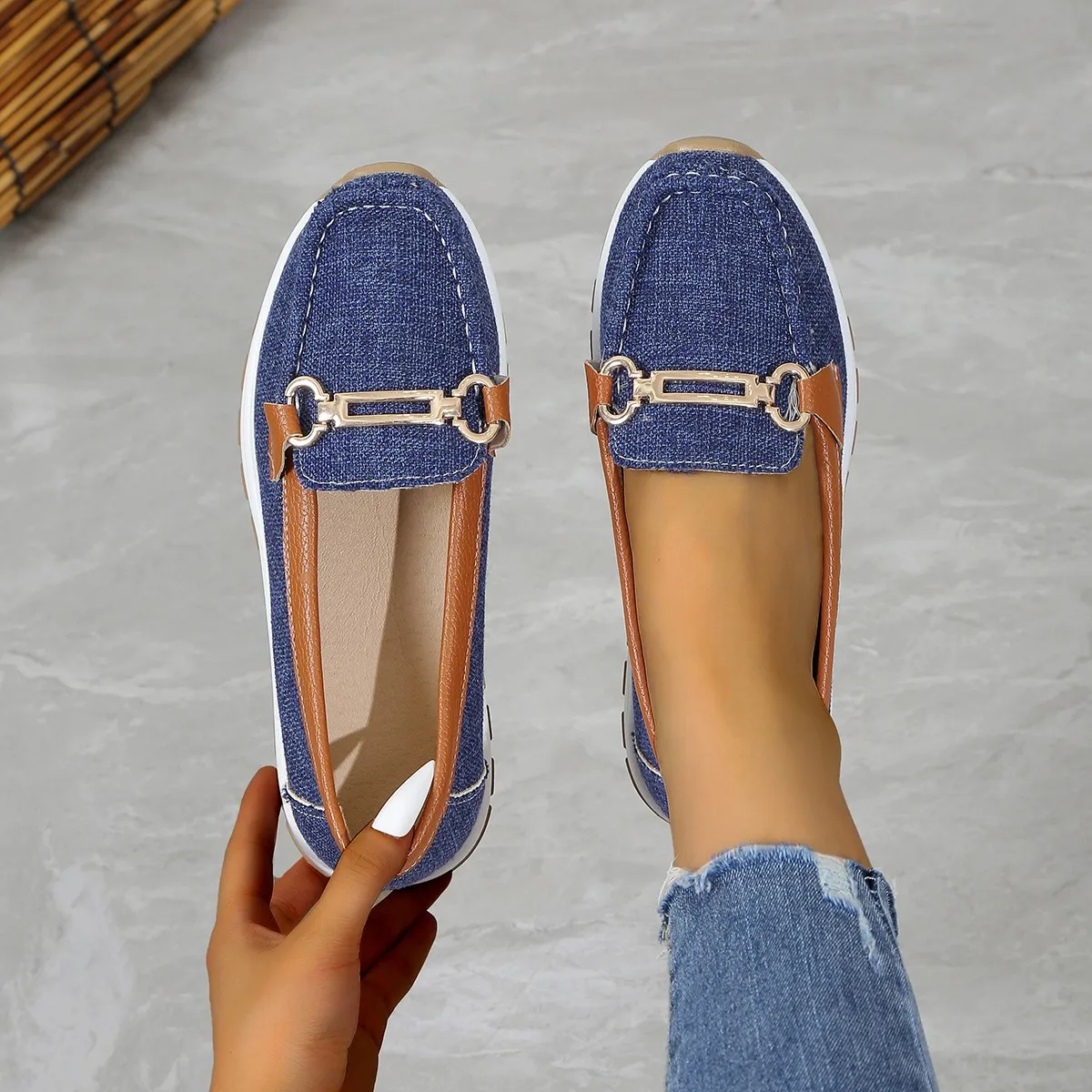 Sapato liso denim macio para mulheres, mocassins casuais, moda lolita, novo para primavera e outono