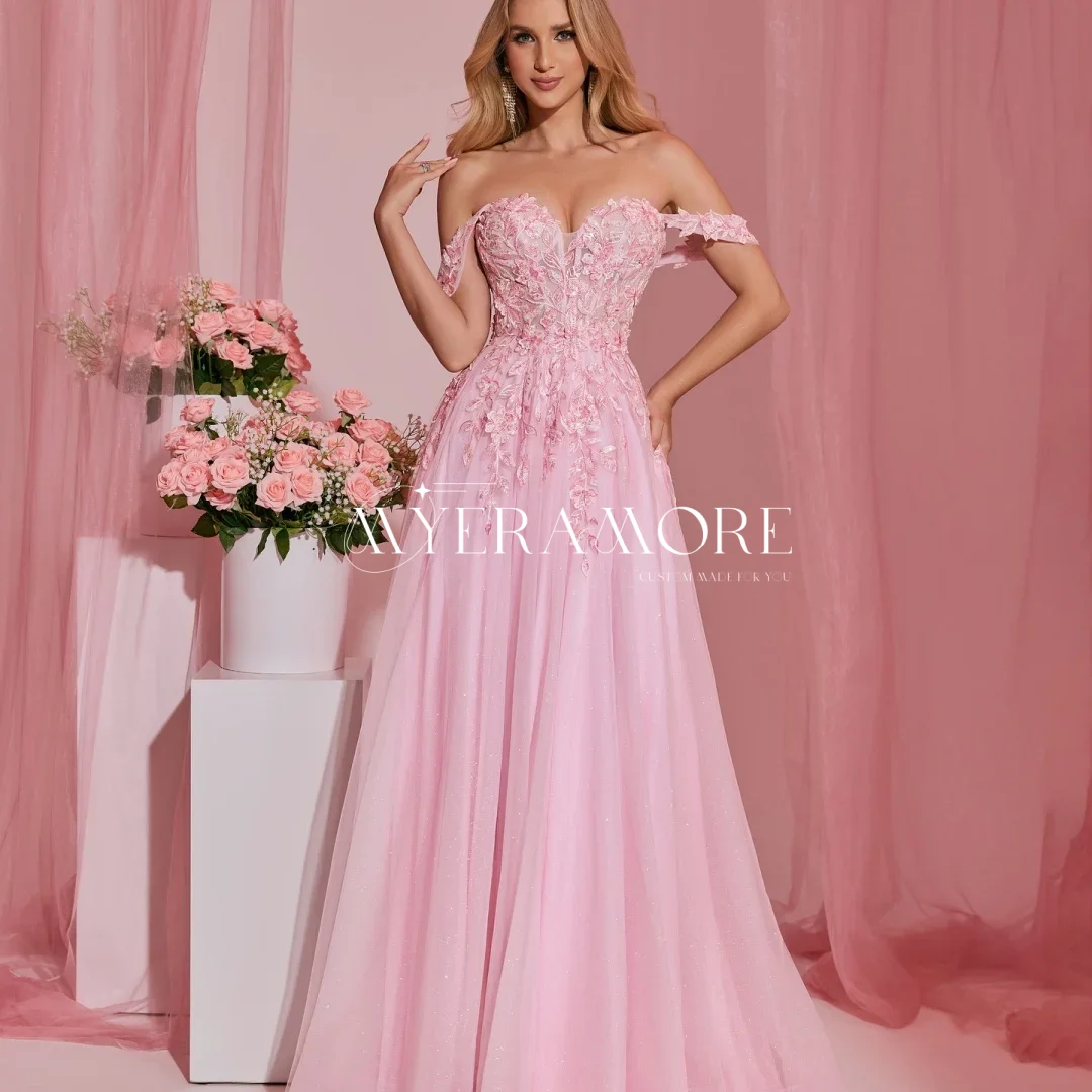 Pink Flowers Embroidery Princess Formal Evening Dresses Off The Shoulder Pleat Lace Glitter Tulle Wedding Guest Dress Customized