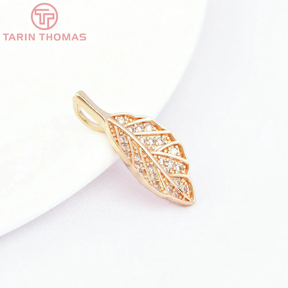 (7138) 10PCS 9x21.5MM 24K Gold Color Brass with Zircon Leafs Shape Charms Pendants High Quality DIY Jewelry Making Findings