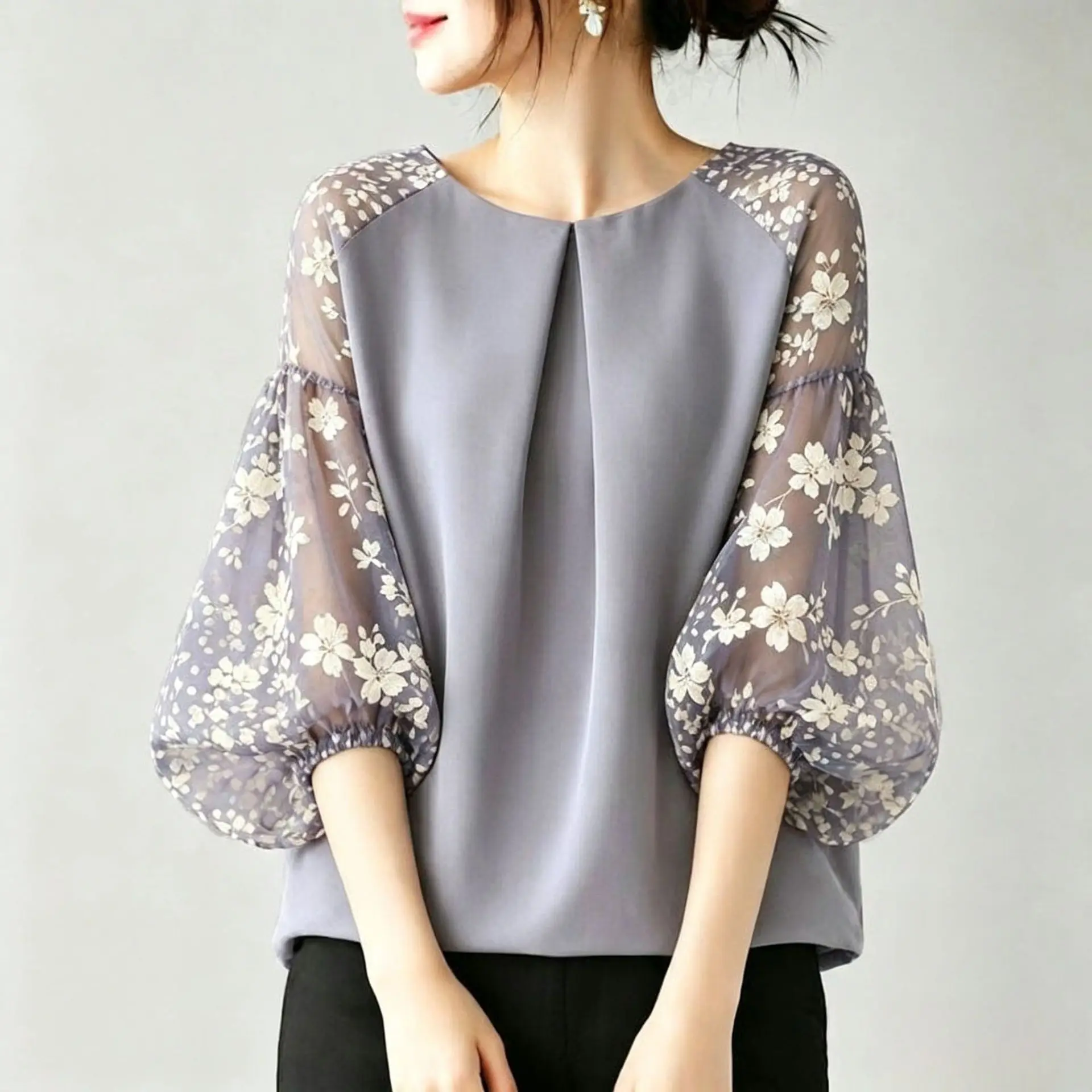 2026 Circular Neck Patchwork Printed Semi-transparent 5/4 Sleeve Pleated Shirt Top Dresses For Women Clothes Robe Midi Prom
