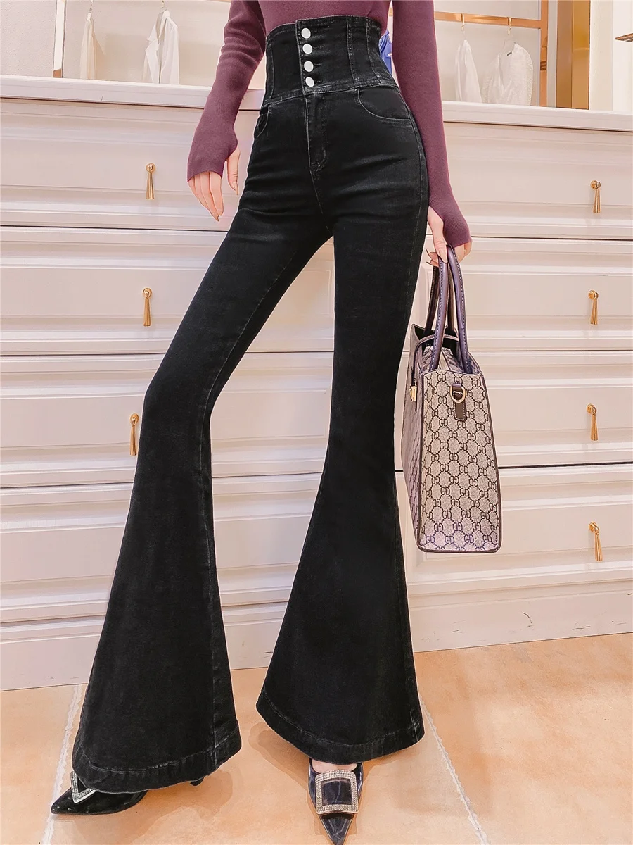 Light-Colored High Retro Waist Jeans for Women 2023 New Spring Autumn Trousers Black Fit Slim Flare Denim Pants Pantalon