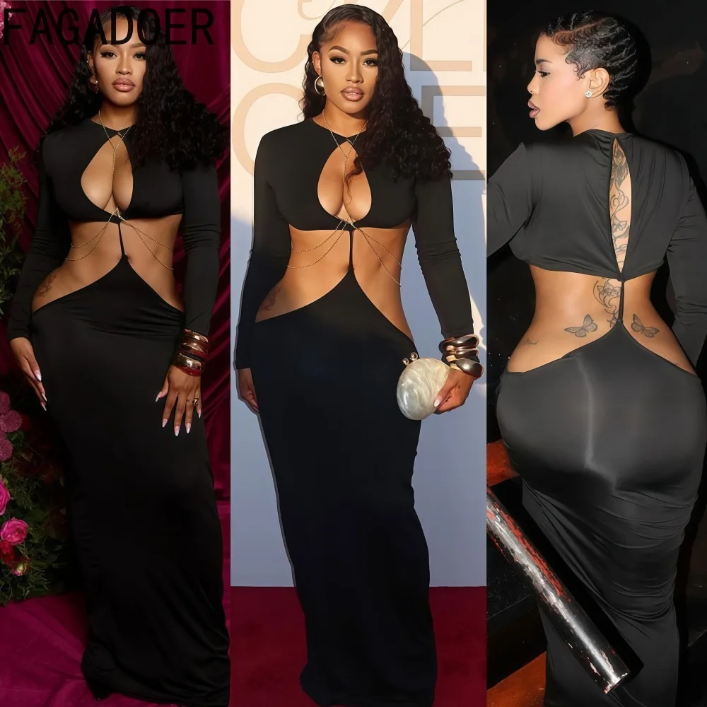 

FAGADOER Sexy Hollow Out Bodycon Long Dresses Solid Color Long Sleeve Backless Dress Female Party Clubwear Vestidos 2025 New