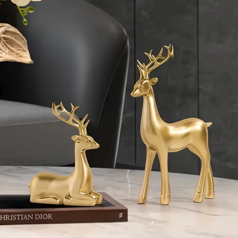 2pcs Reindeer Sculpture Gold Resin Christmas Elk Statues Home Office Decorative Displays for Living Room,Desktop, Cabinets