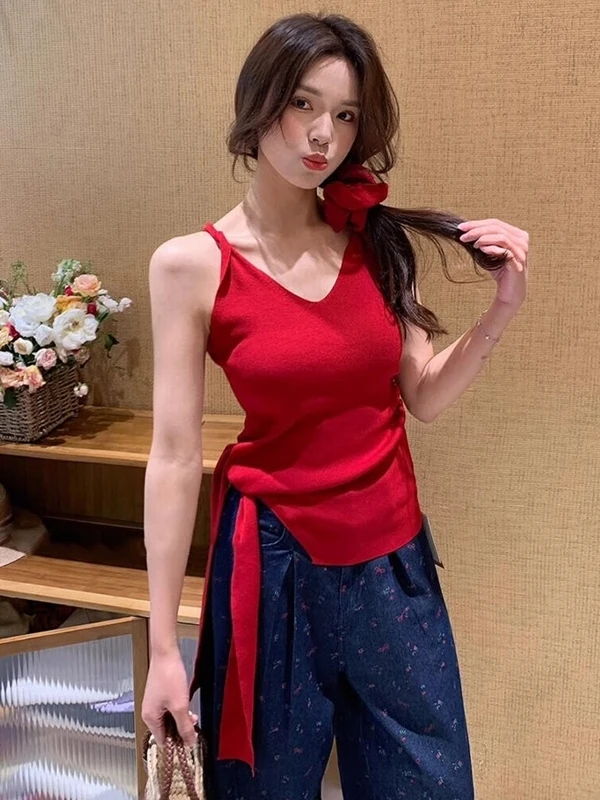 

Sweet Sle Knitted ort Vest Women's Svel V-Ne Tube Top Inner And Outer Wear Summer No Sve Pure Desire Hot Girl