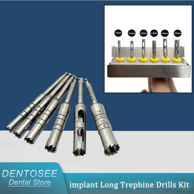 

Dental Implant Kit 6Pcs Surgical Drills, Long Trephine Bur, Precision Implant Tools for Dentists