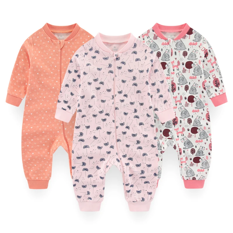 2-Way Algodão Zipper Romper para o bebê recém-nascido, macacão de manga comprida, pijama confortável, macacão respirável, 0-24 meses