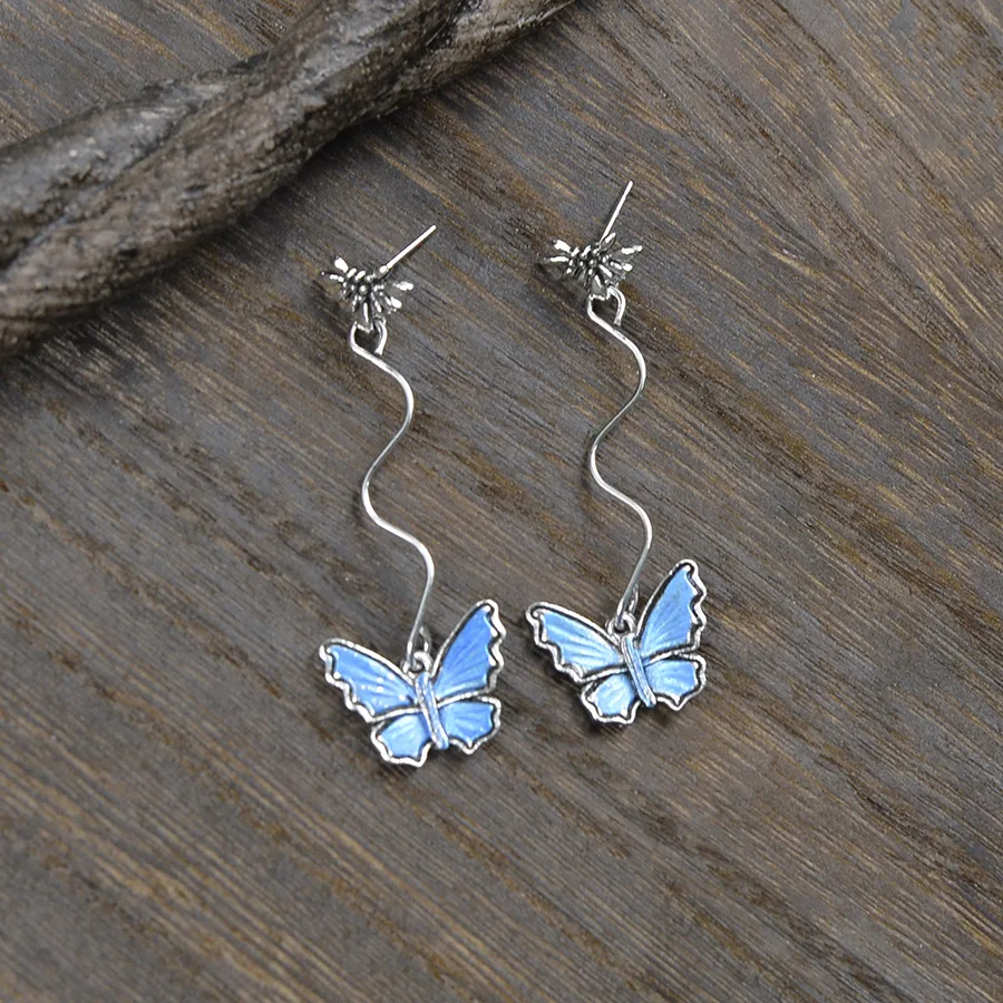 DIY accessories Niche high-end long blue butterfly fringed stud earrings are fashionable, elegant and exquisite temperament pend