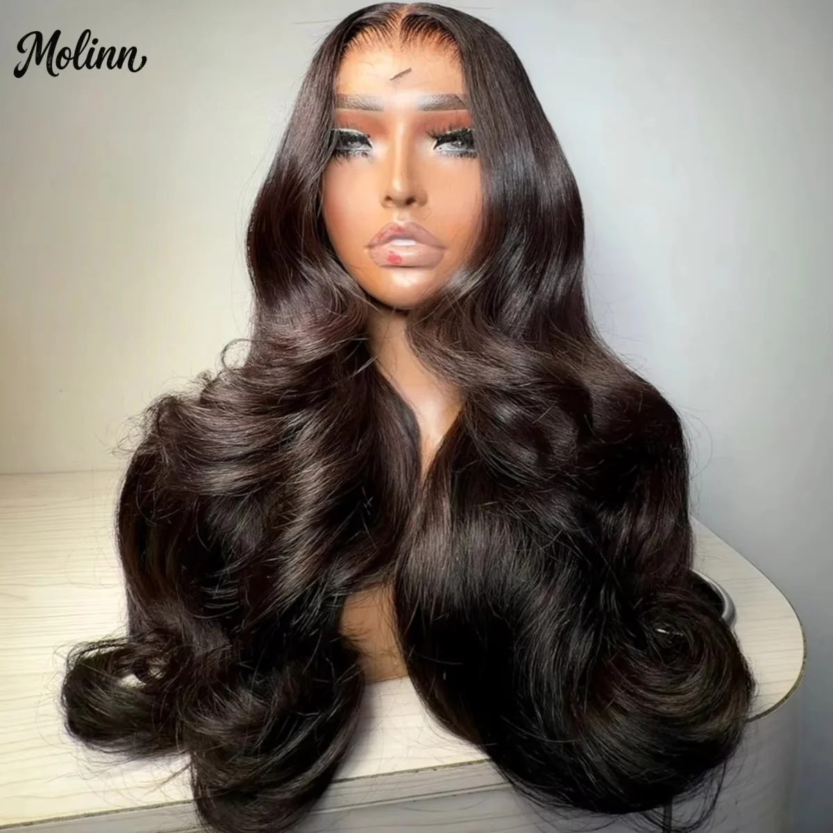 Dark Brown Wig Long Body Wave Lace Front Wig 13x4 HD Synthetic Pre Plucked Chestnut Brown Heat Resistant Glueless Daily Cosplay