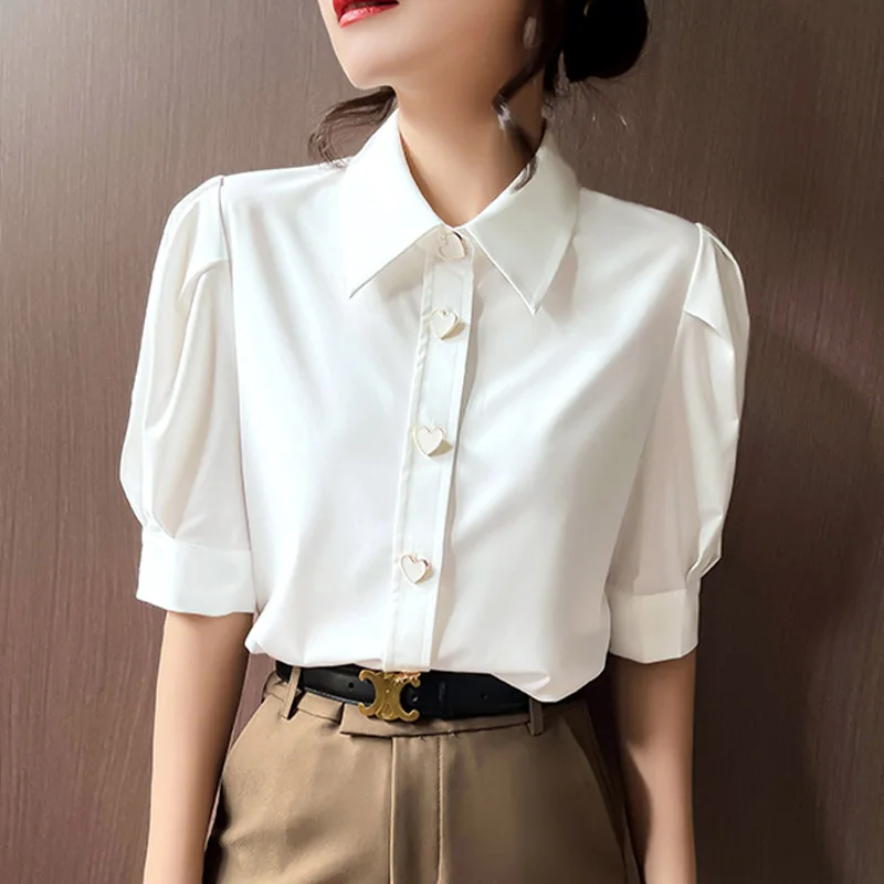 Women Clothing Turn-down Collar Puff Sleeve Blouse Summer Chic Button Office Lady Chiffon Shirts Vintage Elegant Solid Tops