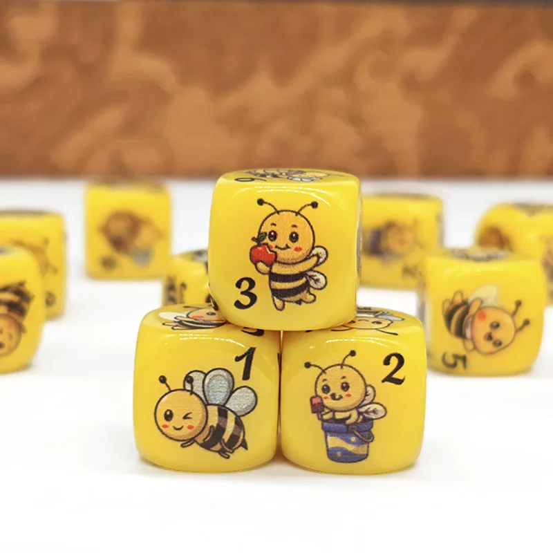 90Pcs/set Print Bee And Honeycomb D6 16MM Acrylic Cute Cartoon Pattern Dice For Playing Table Board Games Bar Pub Club Party DND