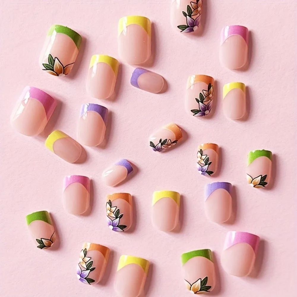 24Pcs Pink Floral French Tip Glossy&Elegant Full Cover Fake Nails for Women&Girls Spring,Daily Wear Short Almond Press-On Nails view 6