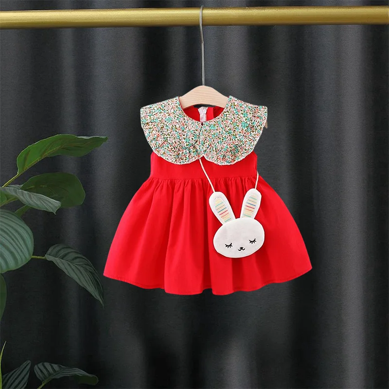 

2PS Of Girls' Summer New Floral Big Collar Dress Solid Color Birthday Party Dress For Baby Girls, Rabbit Head Bag As A Gift