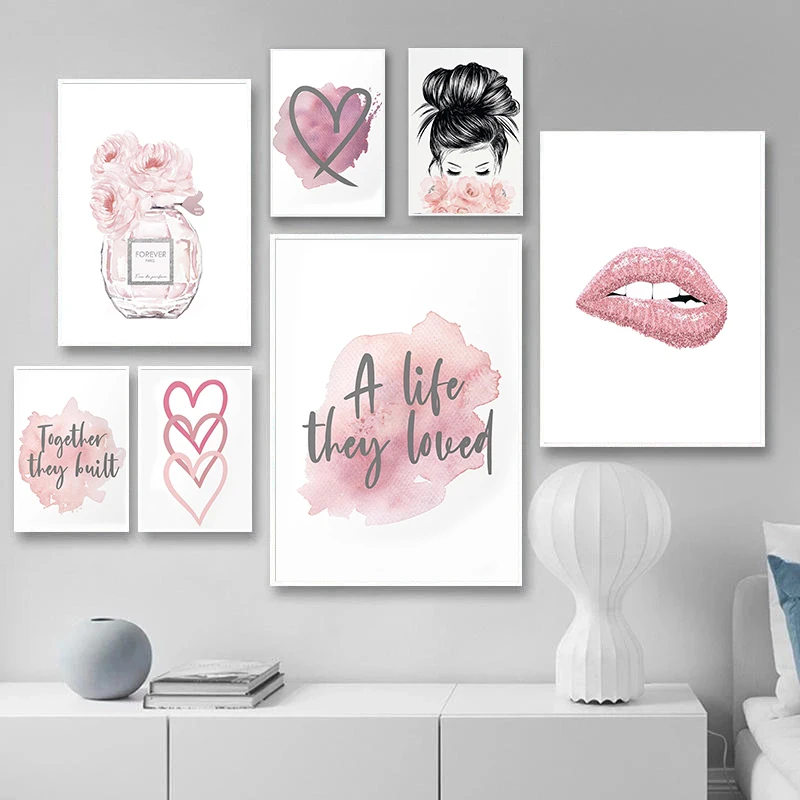 Mode Einfache Rosa Liebe Parfüm Blume Brief Kunstdruck Poster Ankleidezimmer Wohnzimmer Mädchen Schlafzimmer Moderne Wand Dekoration