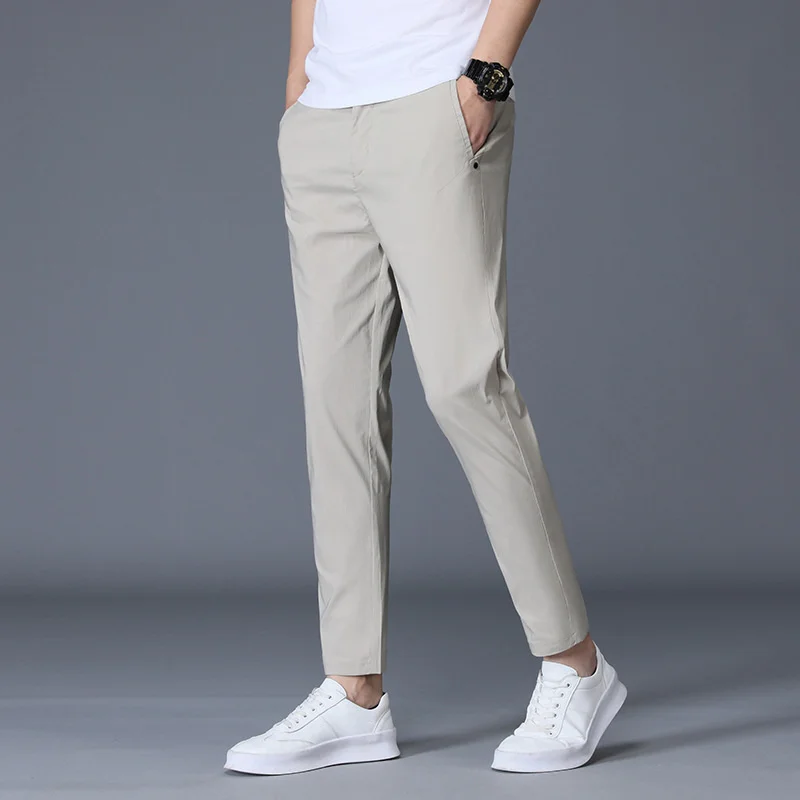 

Ankle Length Ice Silk Men Trousers Black Khaki Korea Thin Summer Casual Suit Pants Chandals Man Formal 2024 New Clothes