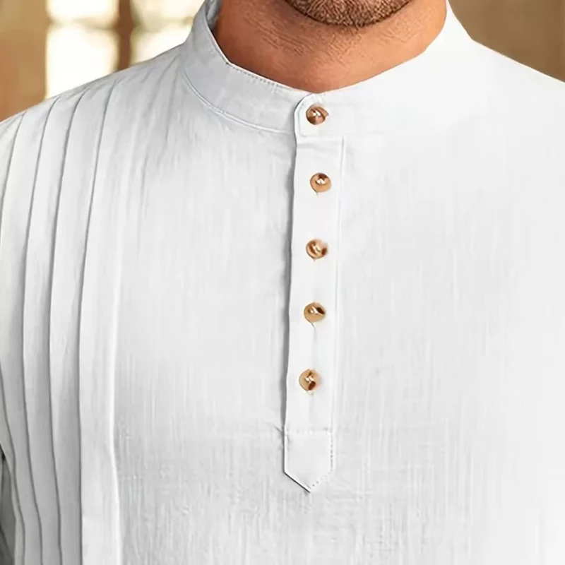 НОВАЯ мужская мусульманская рубашка с воротником-стойкой и длинным рукавом, исламский арабский кафтан, однотонная уличная одежда, повседневная мужская одежда, хлопковое белье
