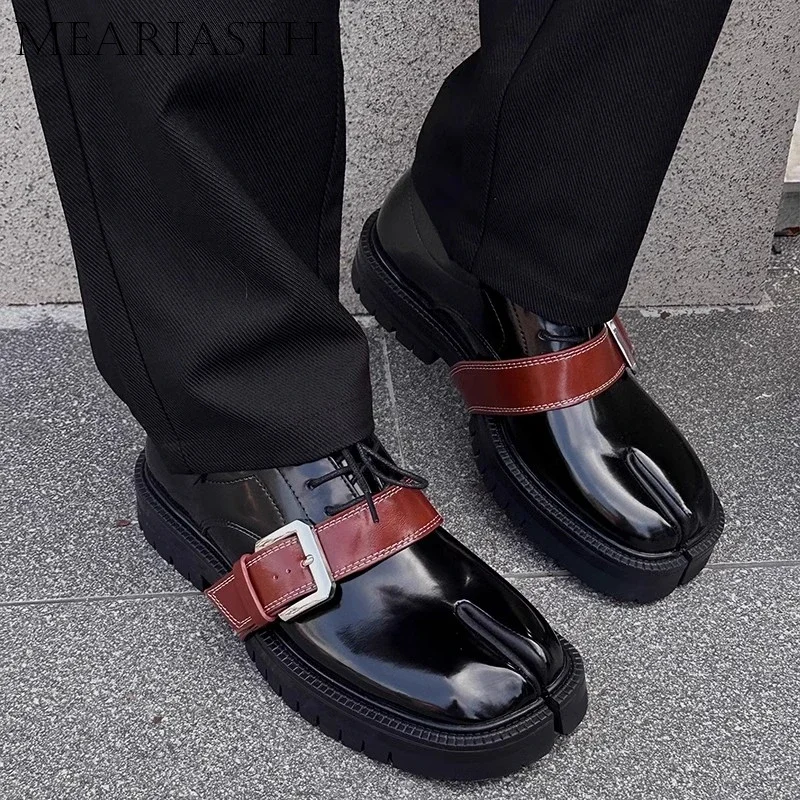 size 46 Chunky Tabi County Combat Loafers Men Women Tabis Shoes Footwear Leather Lug Sole Black Split Toe Flats with Belt 2024