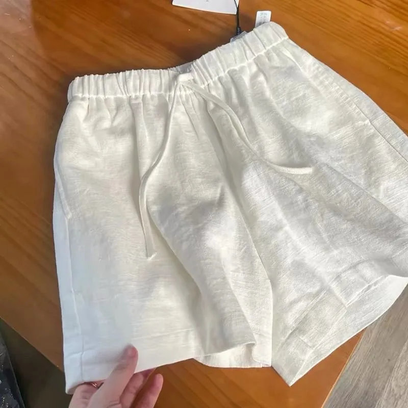 Casual Cotton Linen Shorts Women's White Loose Solid Comfy High Waist Wide-leg Shorts Beach Comfy Drawstring Elastic Waist Pants