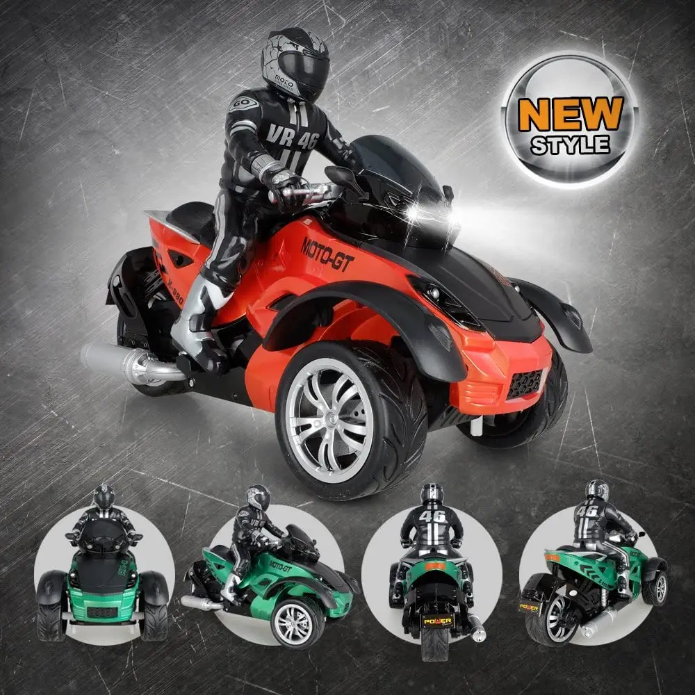 Veicolo in scala 1:10 2.4GHz ad alta velocità a tre ruote RC MotoHawk Motocicletta Giocattoli ATV Road Racer con fari a LED Giocattolo regalo per bambini