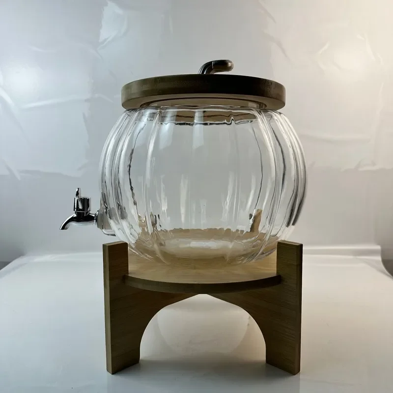 8L Large Capacity Pumpkin Shaped Beverage Dispenser with Bamboo Lid Wooden Base Halloween Party Cold Drink Juice Can Decor