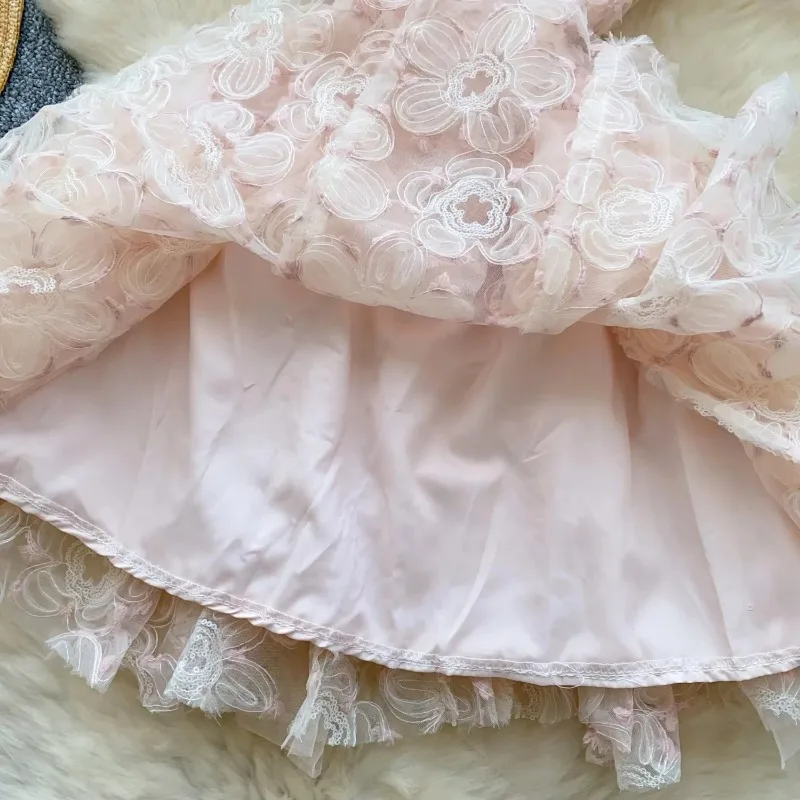 Elegant Mesh Vintage Sleeveless Chic Embroidered Floral Slim A-line Ball Gown Dress French Sweet Streetwear High Street Clothing