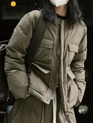 HanOrange-Veste matelassurera à col rond pour femme, manteau militaire chaud, poches, noir, café foncé, décontracté, femme, hiver, 152, 2024