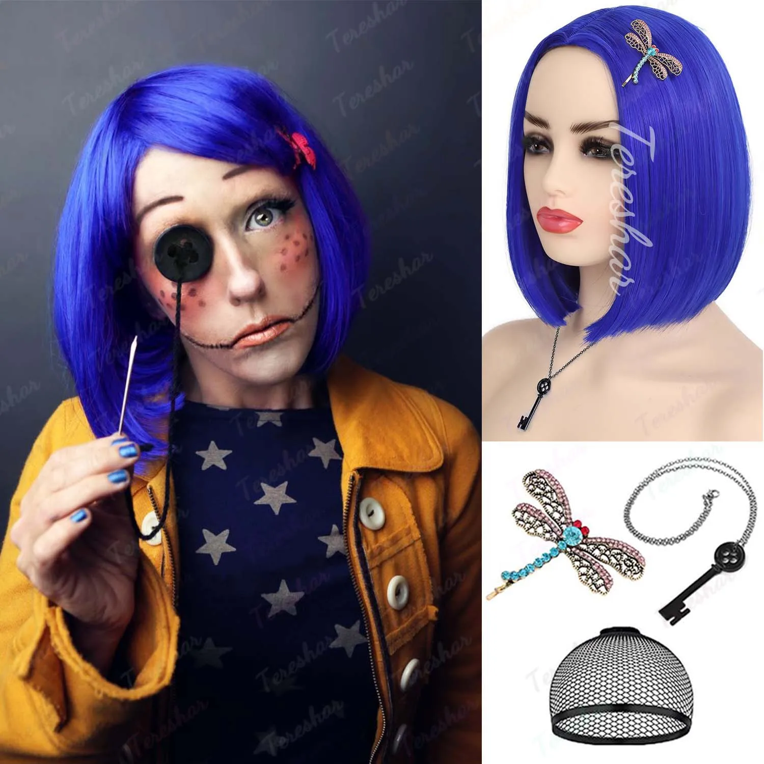 باروكة بوب صناعية باللون الأزرق الداكن مع 1 * دبوس شعر + 1 * باروكات قصيرة مستقيمة للنساء والفتيات أزياء تنكرية لحفلات الهالوين أو المرح