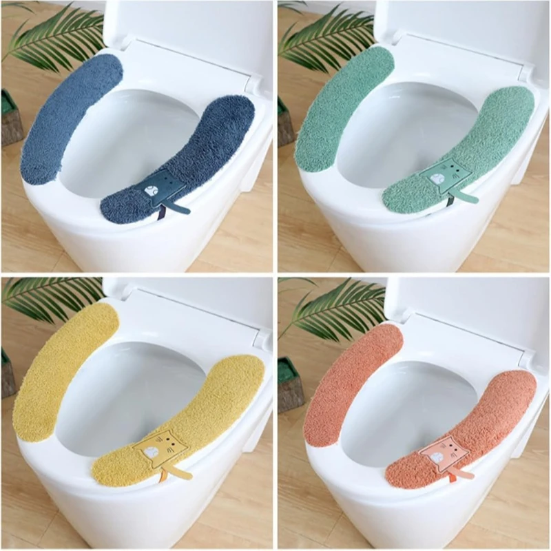 Plush Warm Toilet Seat Cover with Cute Cat Print for Winter Washable & Reusable Toilet Seat Pads Cushion for Kids Adults