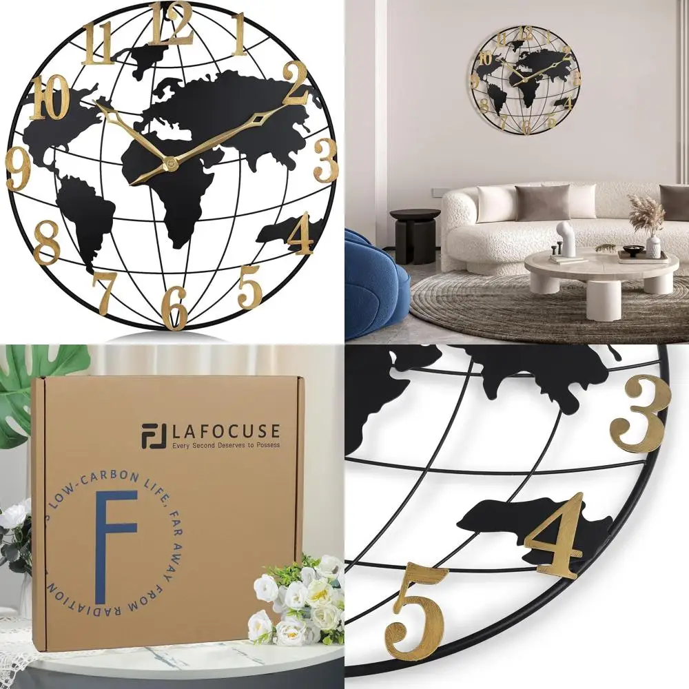 

Large 23 Black World Map Wall Clock - Silent Modern Design with Vintage Gold Numbers for Home & Office Decor