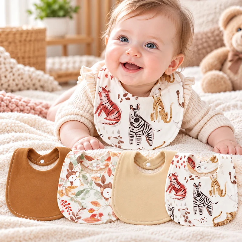 4Pcs/lot Infant Saliva Towel Cute Printed Baby Girls Bibs Double Layer Cotton Saliva Pocket Boys Absorbent Newborn Burp Cloths
