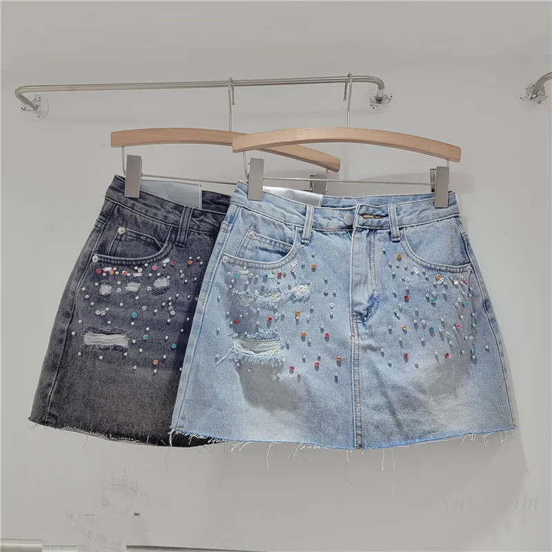 Women's Short Denim Skirt 2024 New Summer High Waist Slimming Ins European Style Ripped Diamond Exposure-Proof Jean Skirt Street