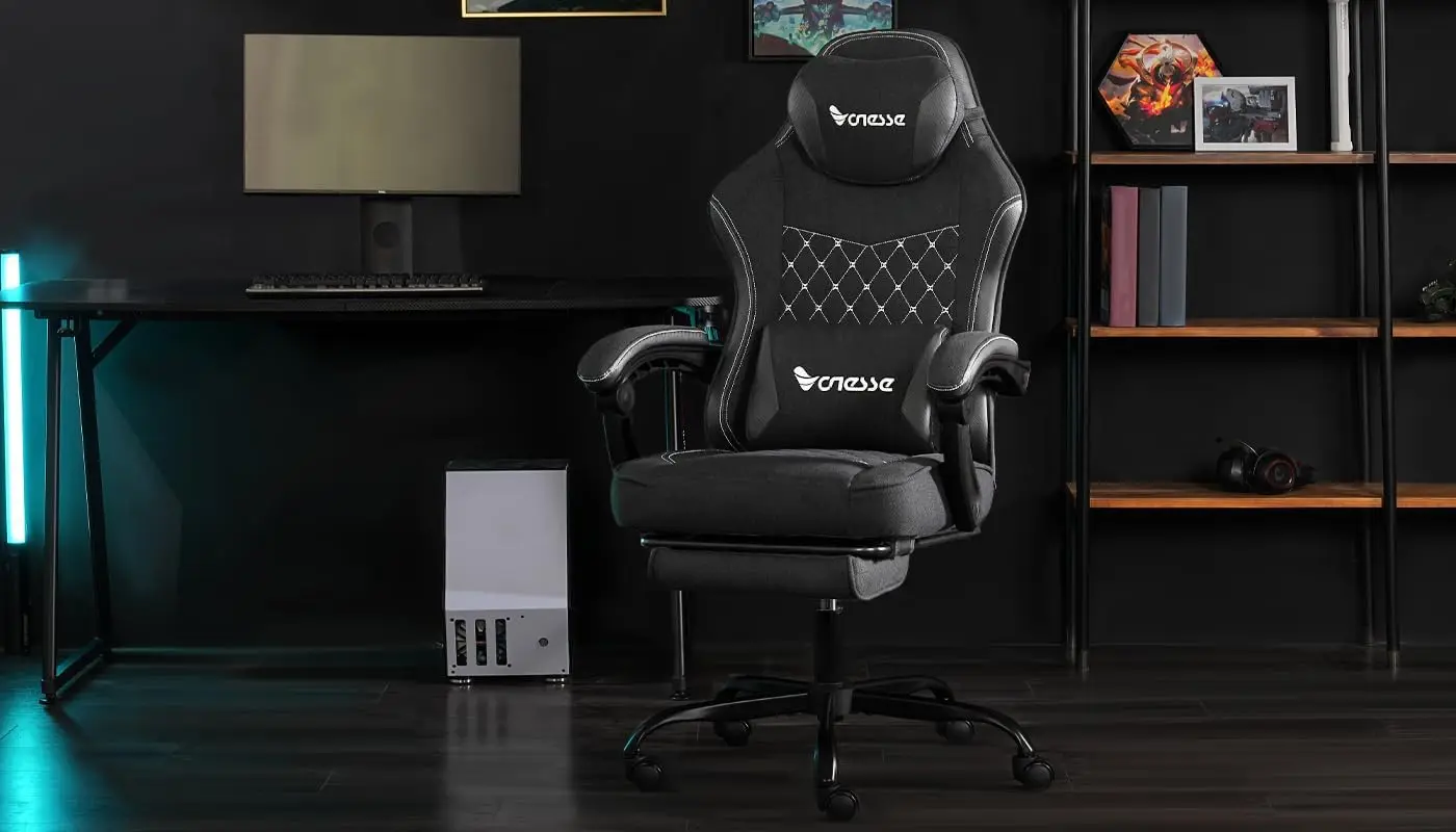 NEW Gaming Chair, Computer Chair Fabric with Pocket Spring Cushion, Office Chair with Footrest and Massage Lumbar Support