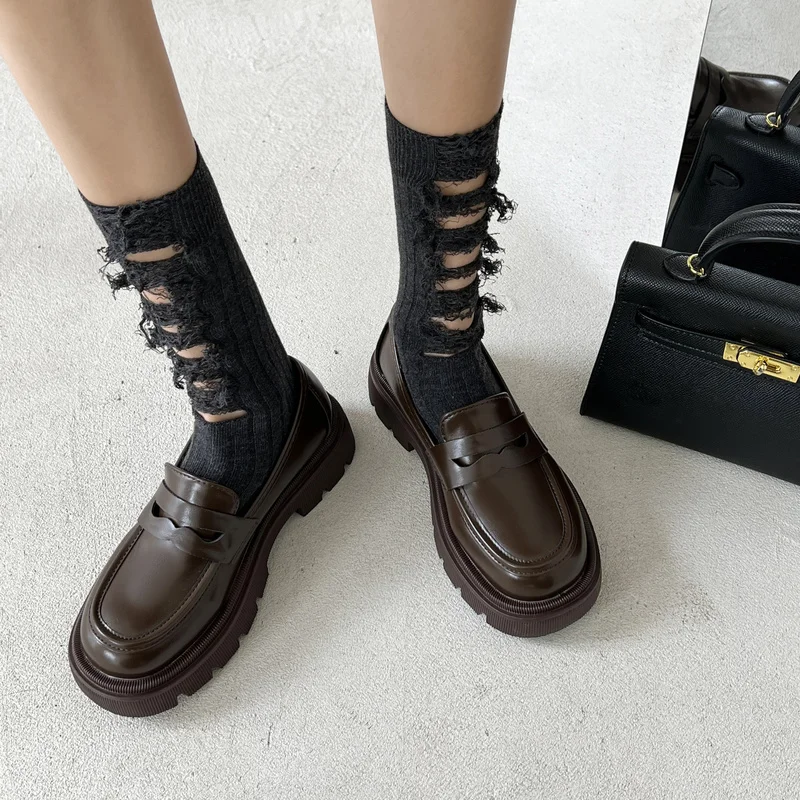 CINESSD Woman Leather Loafer Slip on Middle Chunky Heels Loafers Black Brown Women Shoe Platform Office Lady Pump Lolita Shoes