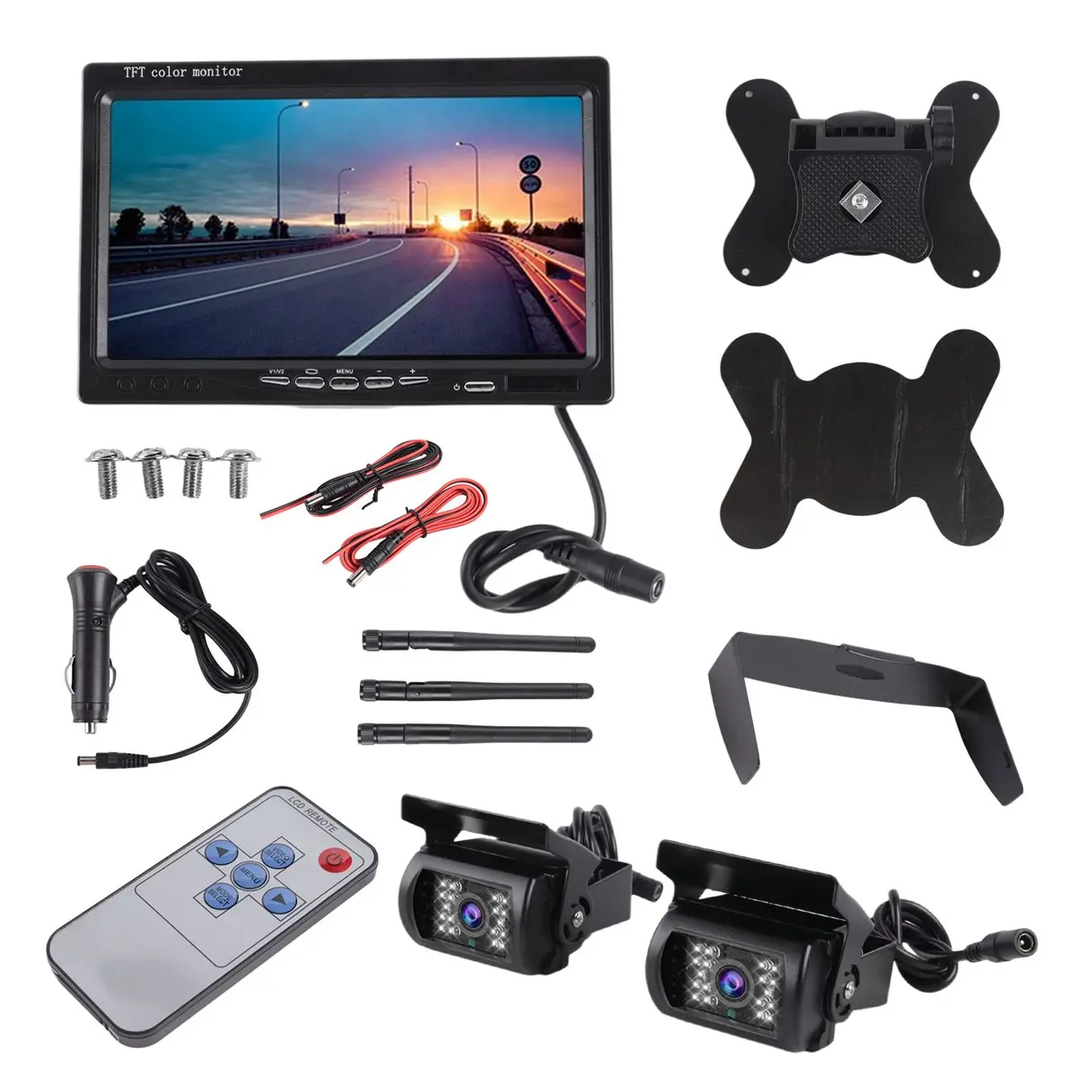 B21B 7InWireless Monitor Waterproof Vehicle 2 Backup Camera Kit TFT LCD Monitor Parking Assistance for Bus Houseboat Truck RV