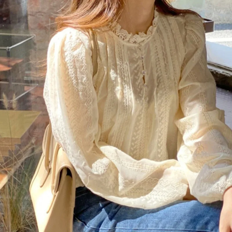 OCEANLOVE Spring Autumn Lace Shirts&blouses Women Tops Korean Fashion Chic Solid Blusas Feminina Elegant Sweet Camisas