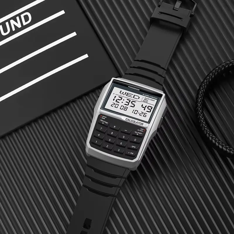 Black digital watch with LED calculator screen for men