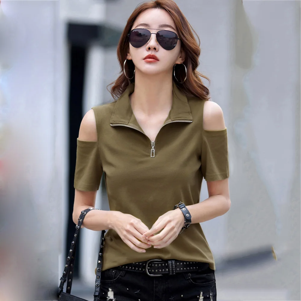 

New Women Chic Cotton Tees Tops Summer Fashion Hollow Out Shoulder Zipper Polo Collar Short Sleeve Basic Slim Pullover T-shirt