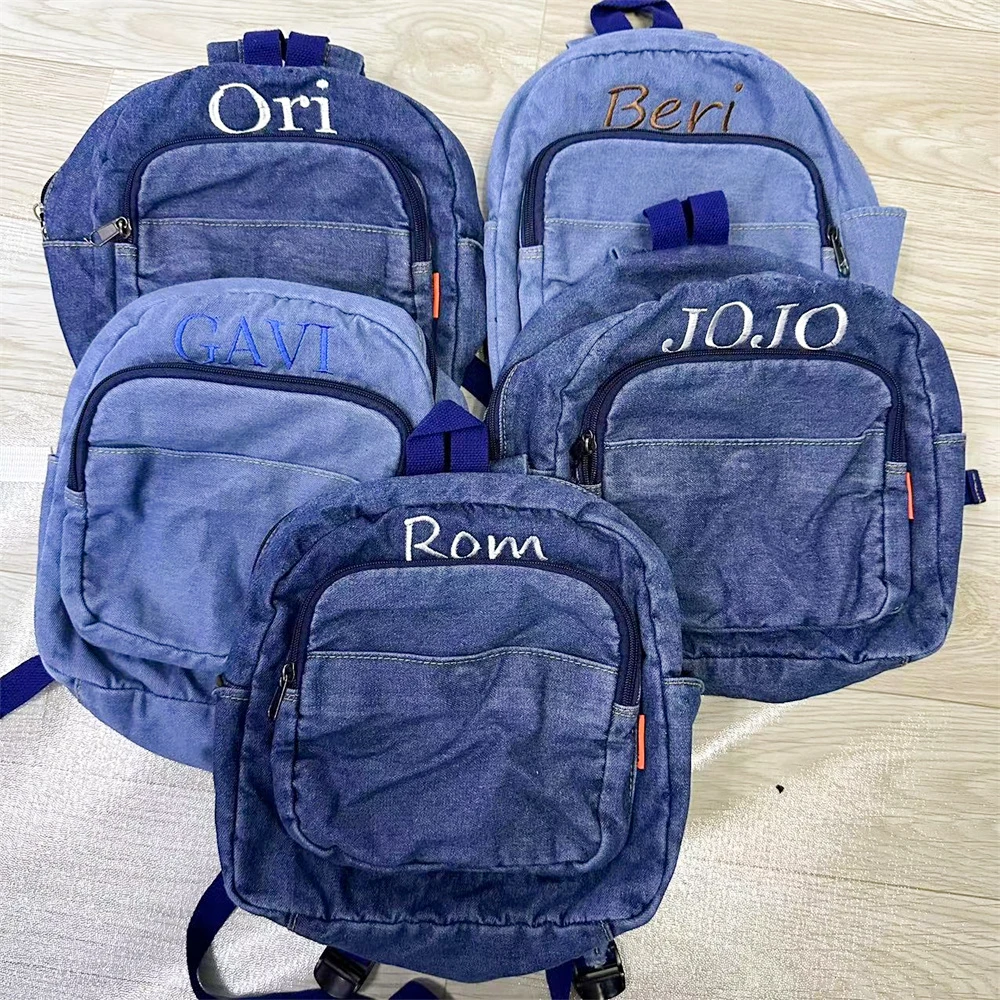 Mini sac à dos en denim personnalisé avec nom brodé pour femme, nouvelle mode, polyvalent, cadeau unique pour jeune femme