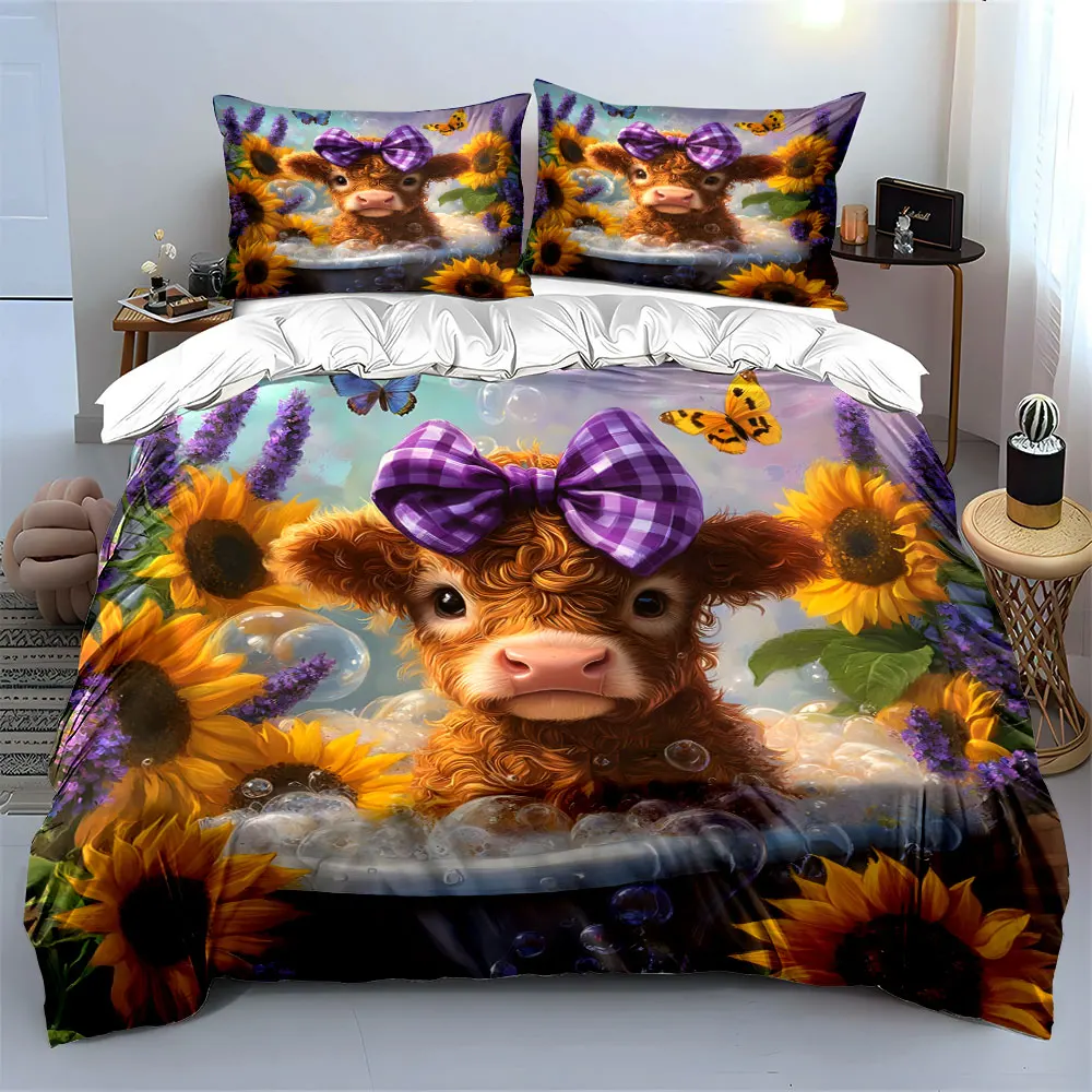 Adorable Calf Sunflower Bubble Bath Purple Bow Print Bedding Set 1 Duvet Cover 2 Pillowcases for Adult and Children Luxury Gift