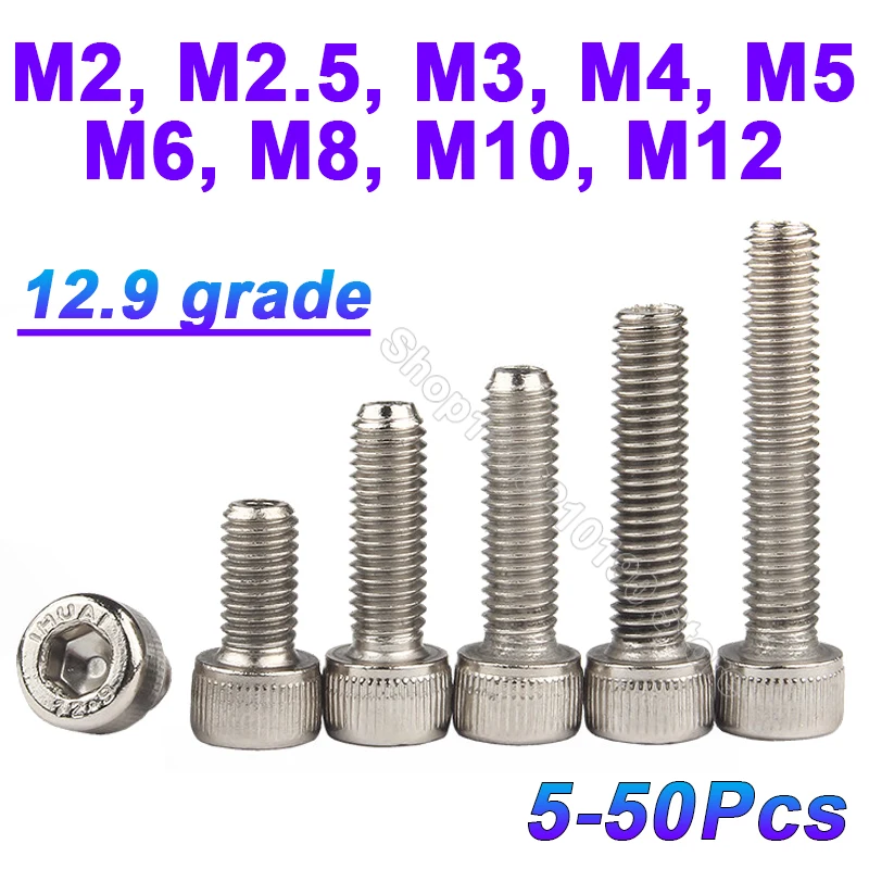 

5-50pcs DIN912 M2 M2.5 M3 M4 M5 M6 M8 M10 M12 12.9 Grade Nickel Plated Full Thread Hexagon Hex Socket Head Cap Allen Bolts Screw