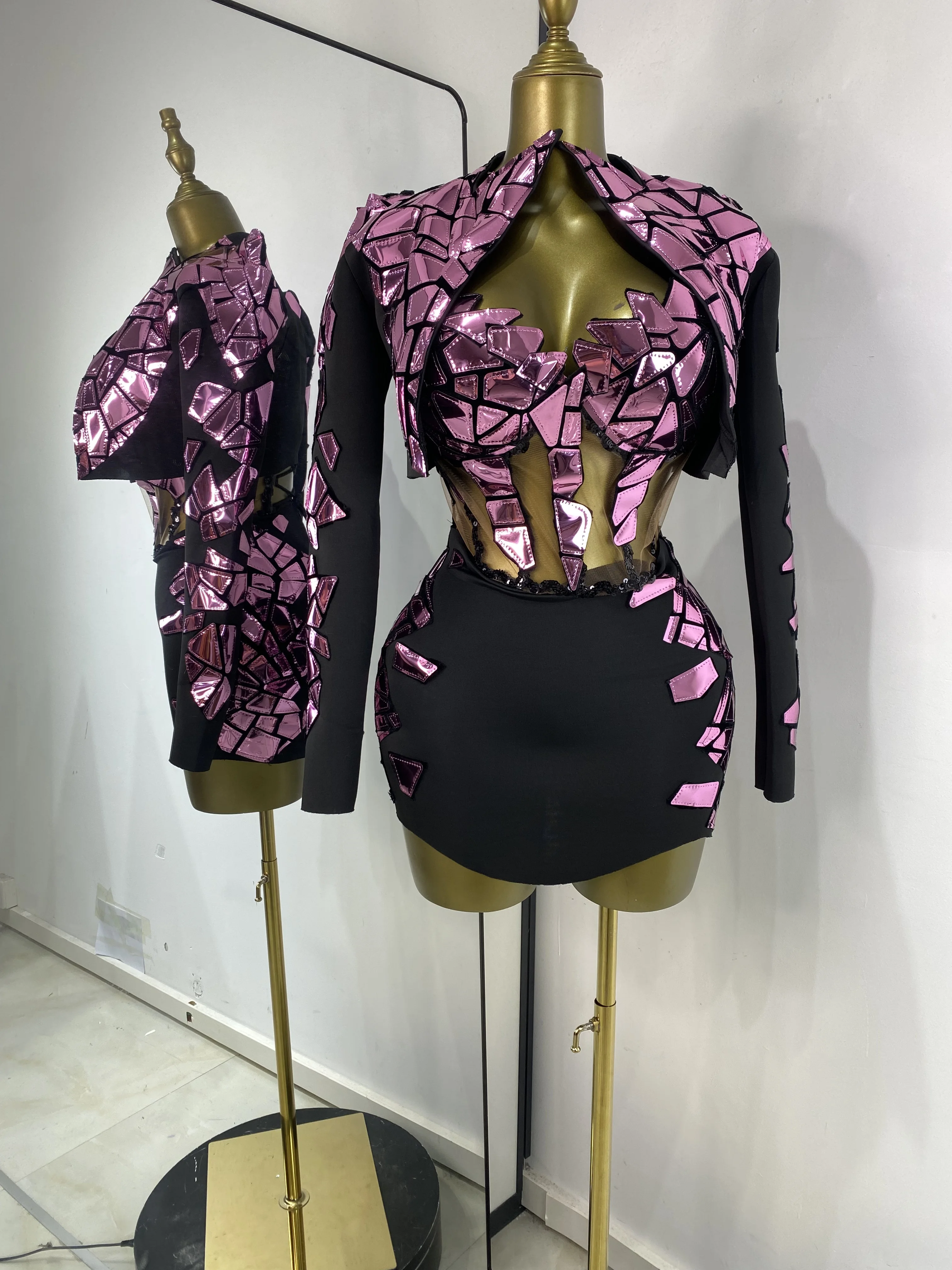 Women Y2K Party Future Outfits Mirror Tube Corset Top Mini Shorts And Long Sleeve Jacket 3Pieces Evening Nightbar Club Costumes