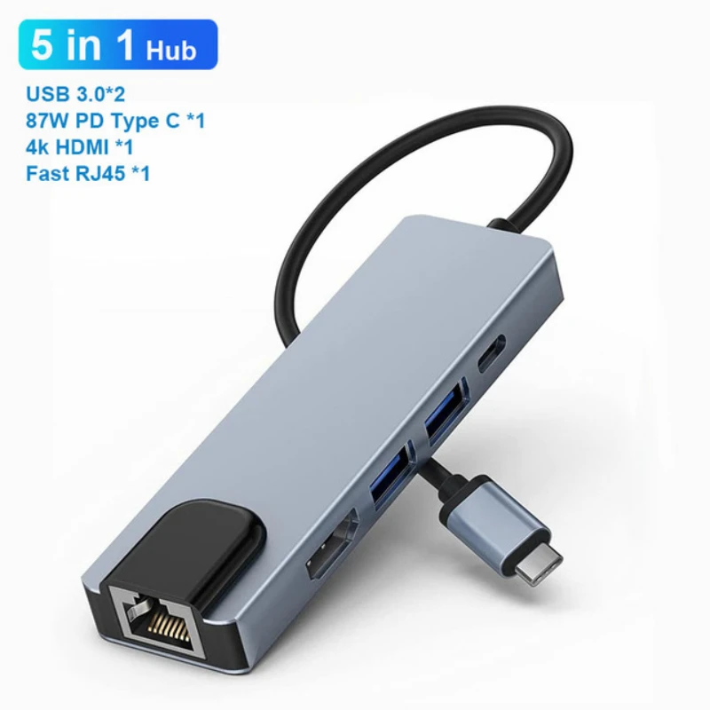 

8 in 1 USB 3.0 Hub For Laptop Adapter PC Computer PD Charge 8 Ports Dock Station RJ45 HDMI TF/SD Card Notebook Type-C Splitter