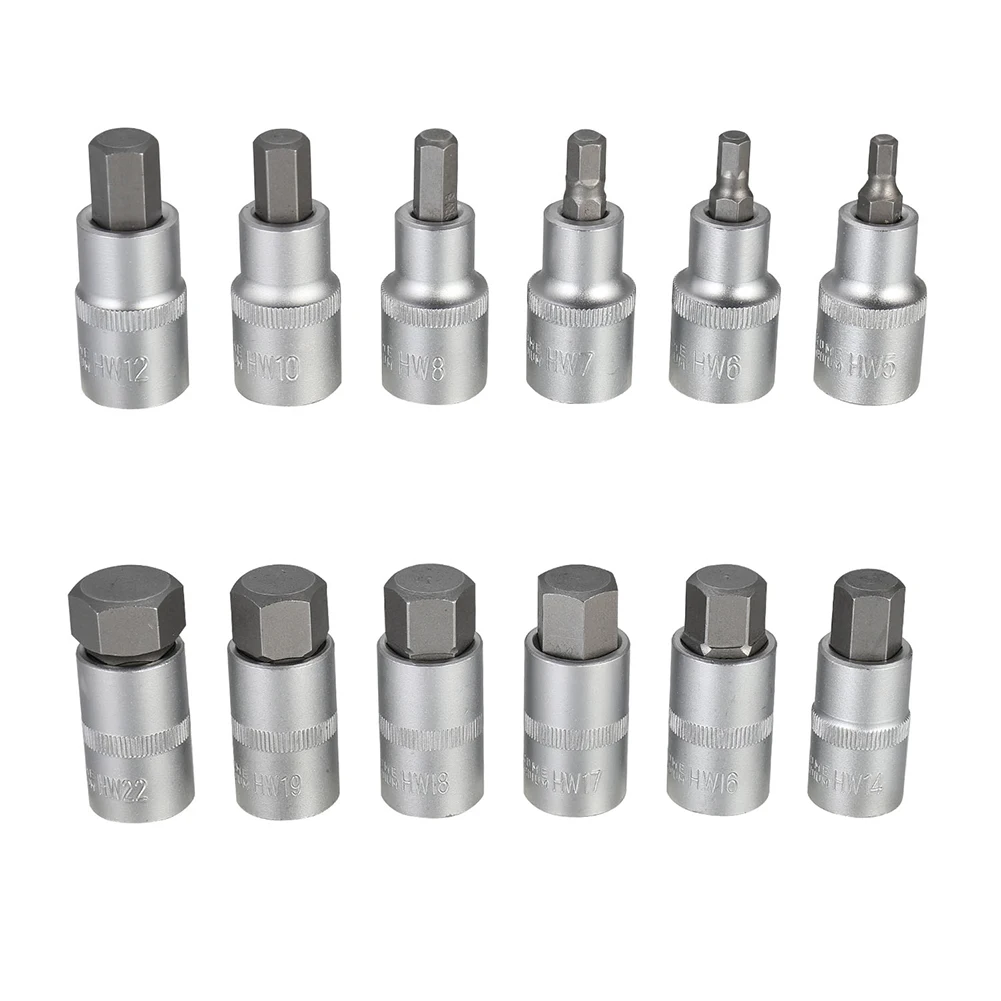 12Pcs Square Batch Sleeve 1/2\'\' Socket Wrench Drive Impact Hex Bit Set H5 H6 H7 H8 H10 H12 H14 H16 H17 H18 H19 H22 Hand Key Set